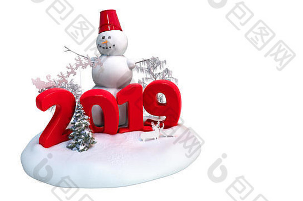 2019年新年雪岛，雪人和树木3d渲染，白色无阴影