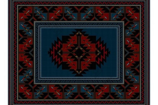 奢华杂乱的民族地毯，中间有古典装饰和蓝色