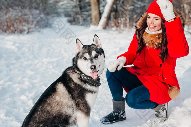 小女孩和她的哈士奇狗在冬季公园。家养宠物。深沉沙哑的