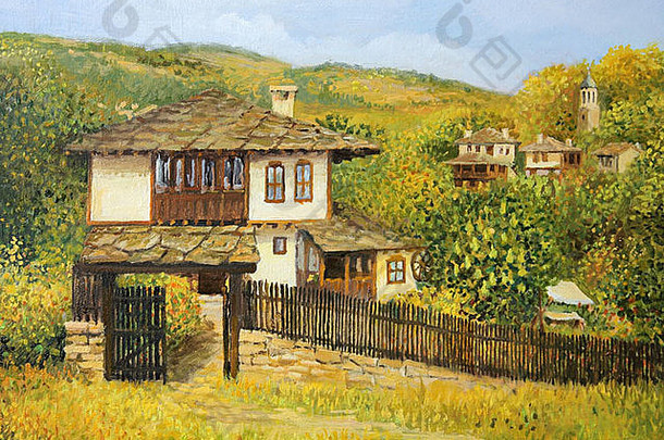 石油绘画帆布农村色彩斑斓的秋天景观村bojenci巴尔干半岛山房子