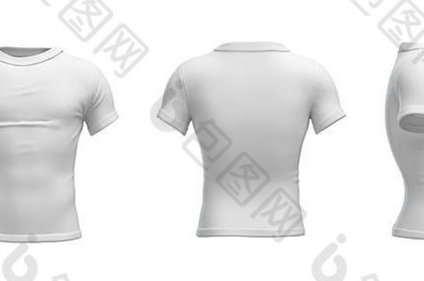 在白色背景上，在侧视图、前视图和后视图中以真的细长形状对白色T恤进行3d渲染。
