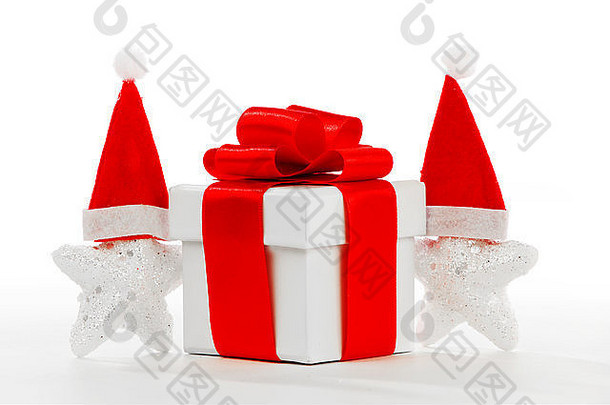白色背景上有圣诞老人星星的礼品盒