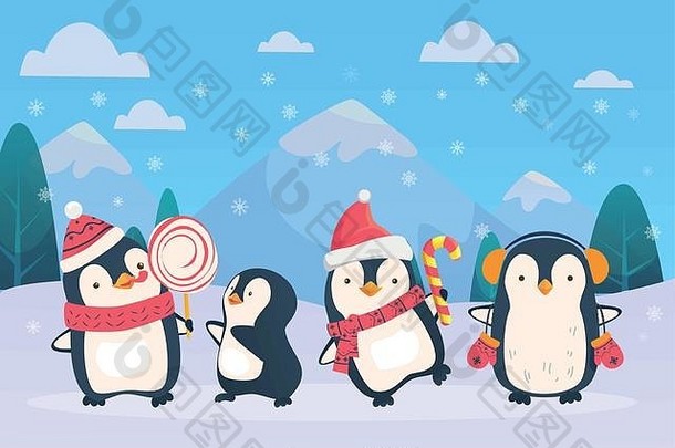 圣诞节企鹅雪背景