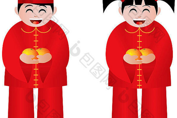 2013年中国农历新年男孩和女孩金币，白色背景插图上有橘子