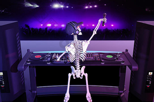 DJ Bones，带麦克风和帽子的人体骨架，在转盘上播放音乐，带音频设备的舞台骨架，后视图，3D渲染