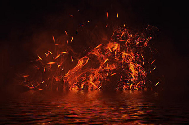 火在水中反射的纹理。孤立的黑色背景上的火焰。条幅、传单、卡片的纹理。