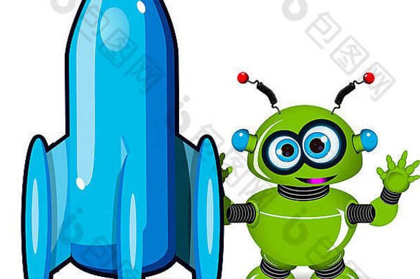 插图绿色机器人蓝色的火箭