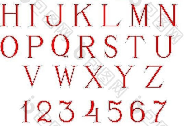 简单优雅的手工字母大写字母和数字，红色填充