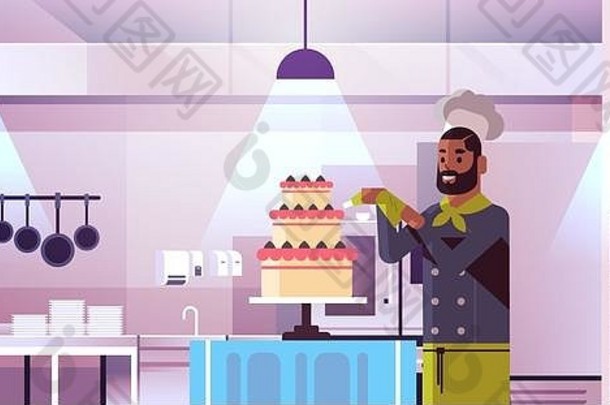 男专业厨师糕点厨师装饰美味婚礼奶油蛋糕非裔美国人制服烹饪食品理念现代餐厅厨房