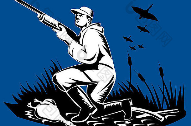 在蓝色背景上，猎人用瞄准地面上的鸟和死鹅