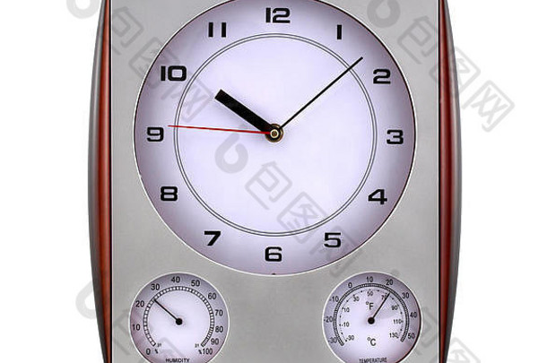 带秒表的金属钟决定了时钟和时间。时钟被隔离在白色背景上。