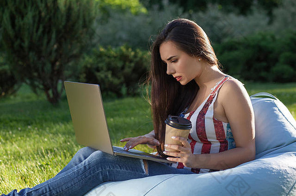年轻可爱的女孩拿着笔记本电脑，坐在花园或公园的豆包上，绿草丛中。网上购物概念