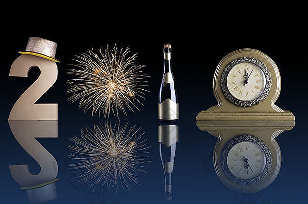 2010年新年由金色数字二、烟花爆竹、香槟酒瓶和深蓝色表面反射的台钟组成