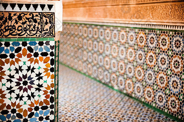 阿拉伯区、麦地那、马拉喀什、摩洛哥、瓷砖、手工制作、手工制作、独特、陶瓷、设计、墙壁