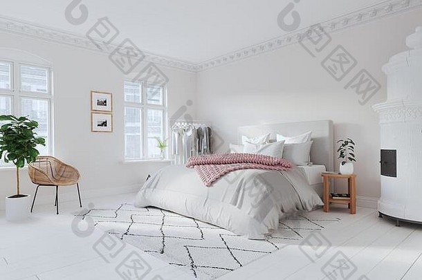 d-illustration现代北欧风格卧室明亮的公寓