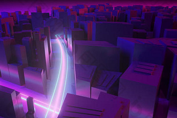 现代幻想未来主义的城市霓虹灯街灯发光的紫色的蓝色的晚上场景科幻城市概念背景呈现插图