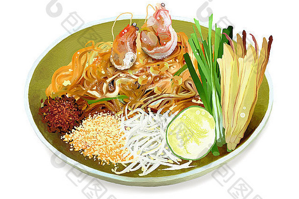 垫泰国菜搅拌炸大米面条鸡蛋虾花生著名的泰国厨房