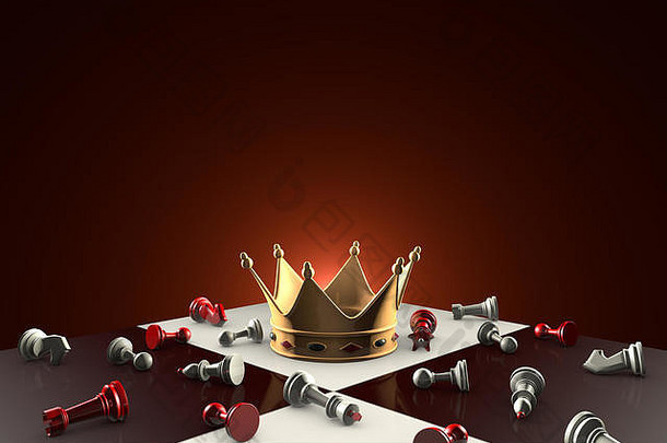 棋盘上的金王冠。许多小棋子。深红色的艺术背景。