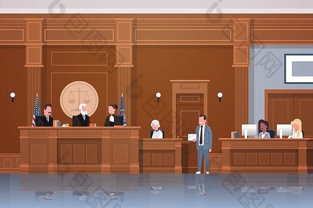 法官秘书、嫌疑人和律师或律师在法庭上发言的法律程序现代法庭内部全长水平