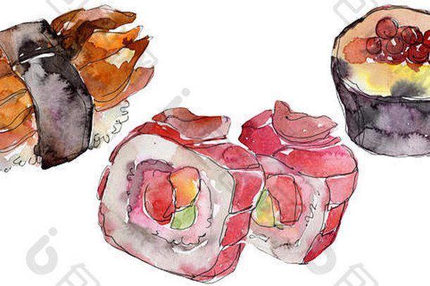 水彩寿司集美丽的美味的日本食物插图手画对象孤立的白色背景