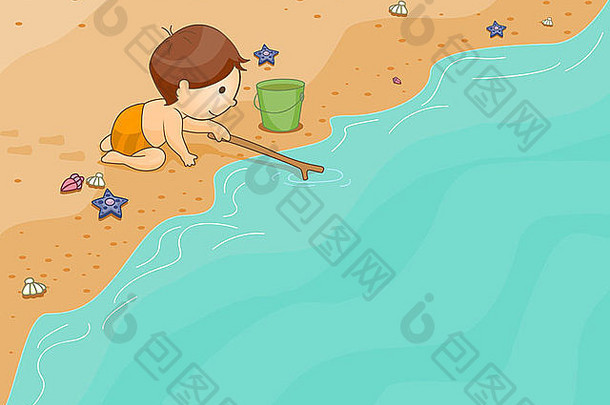 一个孩子在海滩上玩耍的背景插图