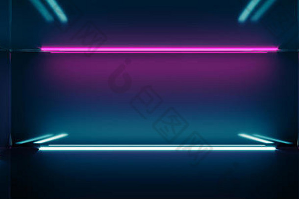 未来科幻空旷黑暗反射现代舞台空间，蓝色和紫色发光霓虹灯壁纸背景3D渲染插图