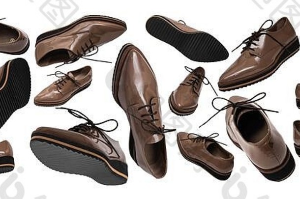 一套棕色专利皮鞋，在不同的位置和角度隔离在白色背景上。横幅飞行的、悬浮的物体。女装