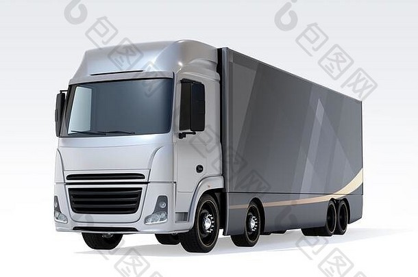 白色背景上隔离的银色重型电动<strong>卡车</strong>。三维渲染图像。