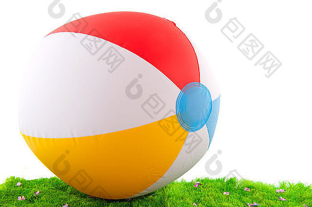 在草地上漂浮着沙滩球，以在度假时取乐
