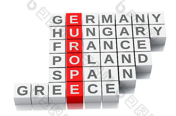 3d欧洲国家概念。用字母填字游戏。孤立白色背景