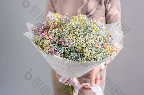 彩虹吉普赛拉，不同的颜色。美丽的花束在女人的手中。花店花匠的工作。鲜切花。