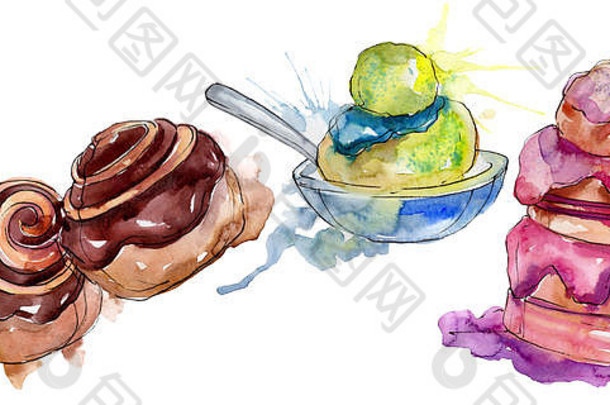 美味的蛋糕和面包甜点。水彩背景插图集。独立甜点插图元素。