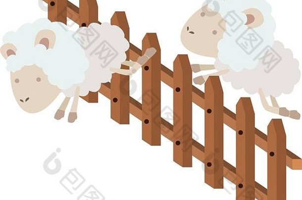羊动物夫妇跳木栅栏色彩斑斓的轮廓白色背景