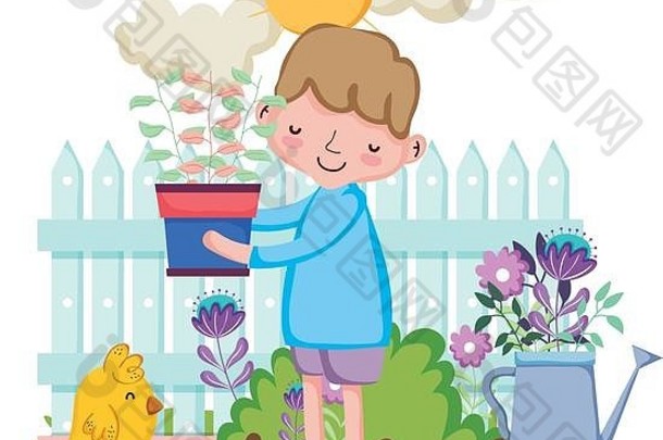 小男孩用篱笆和小鸡吊起室内植物