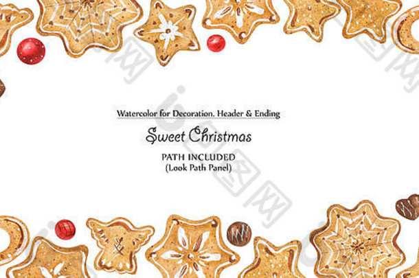 有巧克力和糖饼干的<strong>圣诞</strong>框架。水彩插图，包括路径