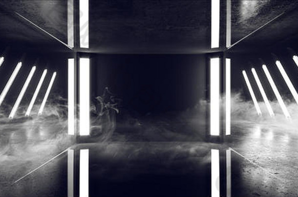 烟雾虚拟光泽现代未来科幻黑暗肮脏的混凝土房间，在空反射<strong>舞台背景</strong>上有白色发光的激光霓虹灯