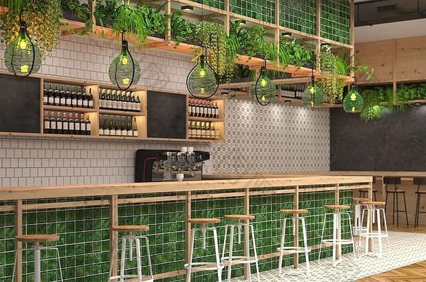 采用绿色阁楼风格的现代酒吧设计。带有吧台的咖啡馆内部的三维可视化。dep模糊背景