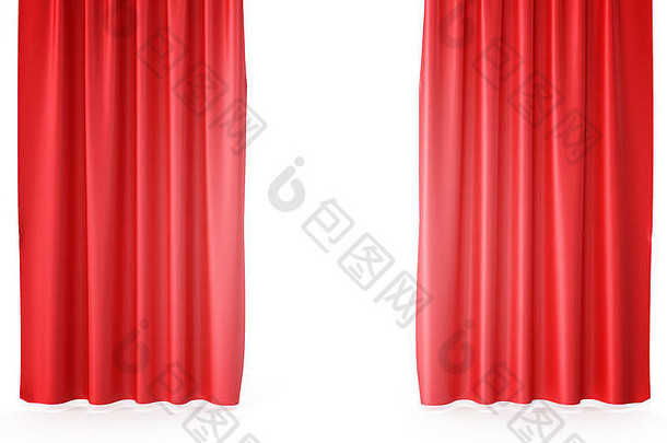红色天鹅绒舞台窗帘，鲜红的剧院窗帘。丝绸古典窗帘，红色剧场窗帘。三维渲染