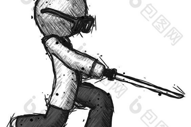 用忍者剑切割或击打某物，画出一个医生科学家男人的草图。