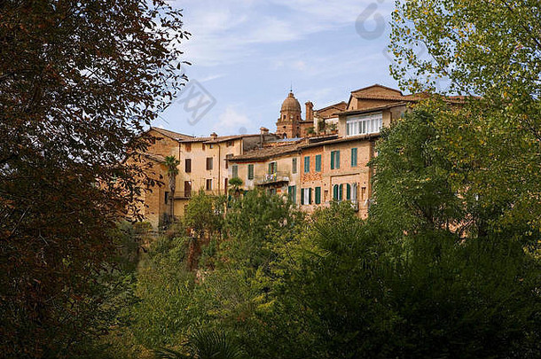 意大利锡耶纳，从奥尔托·博塔尼科·戴尔大学（又名植物园）俯瞰塞尔基亚大道上的房屋