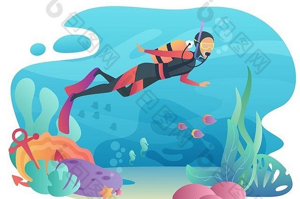 专业潜水潜水员男人。潜水海洋水下游泳夏天假期概念体育运动活跃的假期