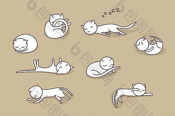 可爱的白色涂鸦猫睡在不同的位置