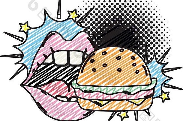 涂鸦女人口吃汉堡快餐