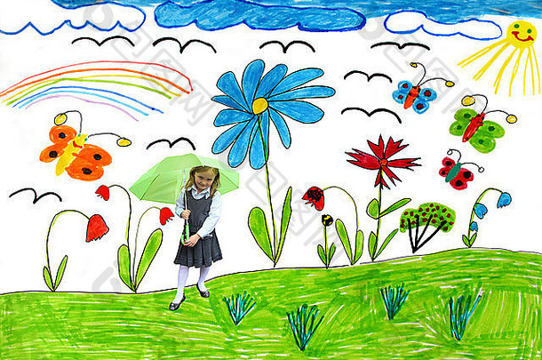 五彩缤纷的孩子们的画蝴蝶花女孩玩伞