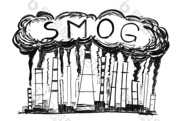 黑墨水污迹斑斑的手绘，描绘吸烟烟囱、工业或工厂空气污染或烟雾的概念