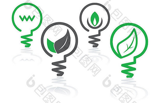 一组带灯泡和叶子的绿色环保图标