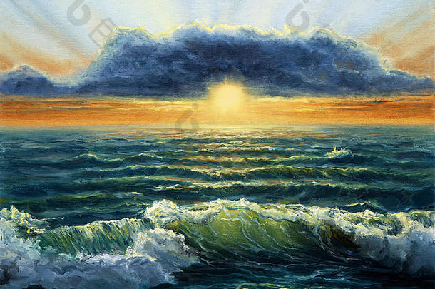 画布上的海洋和海滩的原始油画。海洋上空的金色落日。现代印象派