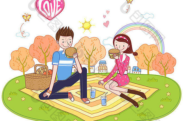 一对夫妇正在野餐时享用早餐