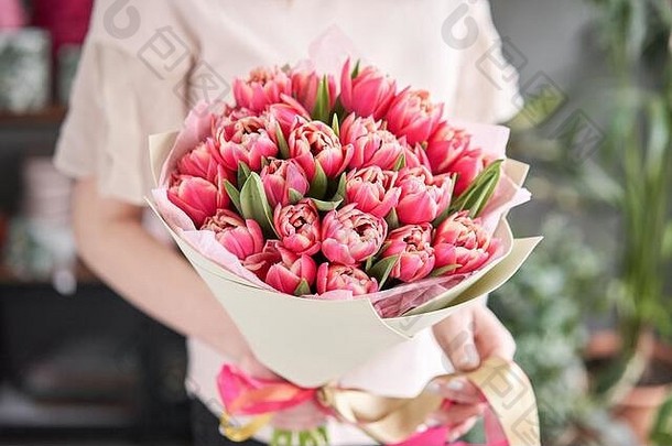 女人手里拿着深红色的郁金香。手里拿着一束春天的红色郁金香。一束鲜切的春花