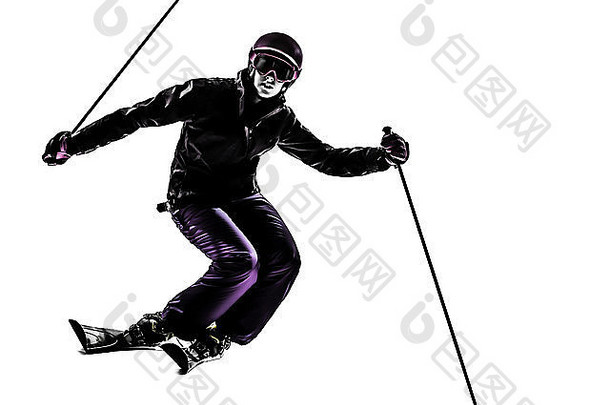 女人滑雪滑雪突破轮廓白色背景